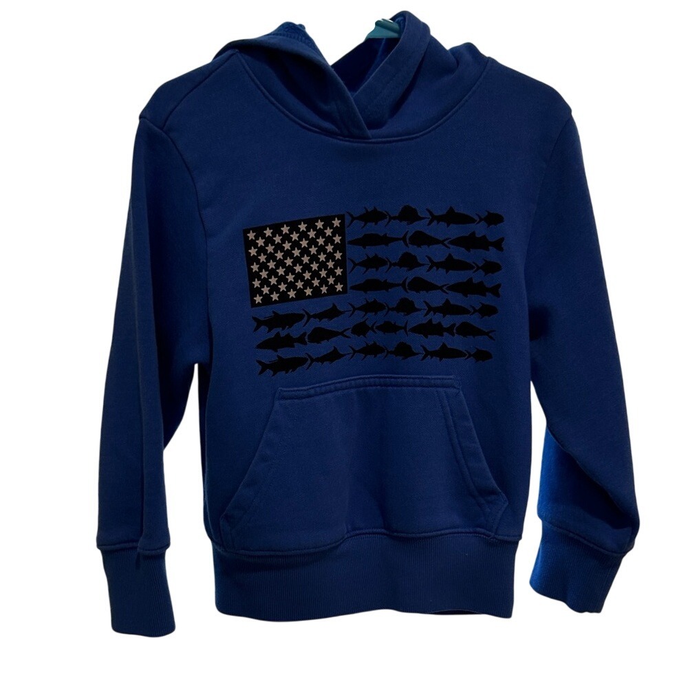 Kids Blue American Flag Fish Graphic Hoodie Sweatshirt Size XXS 4/5